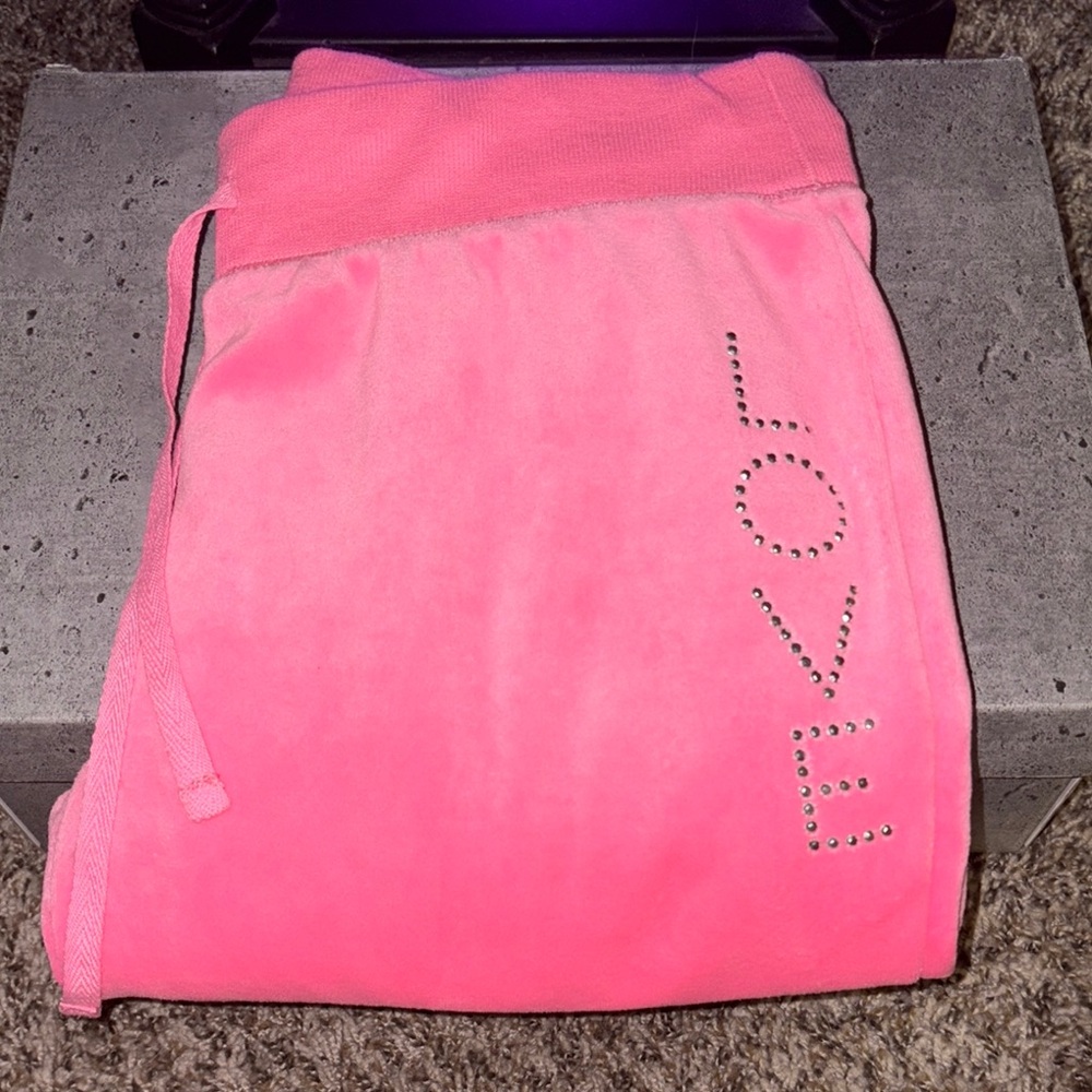 Pink Velour Sweatpants with Rhinestone Detail